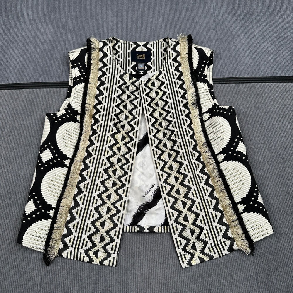Cavalli Class Roberto Cavalli Fur Vest Geometric Fringe Jacquard Black White 42